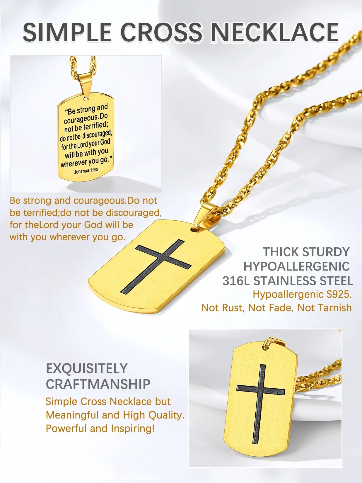 Men'S Gold Plated Cross Necklace Stainless Steel Dog Tag Necklace Christian Serenity Prayer Necklace Inspirational Jewelry Gift