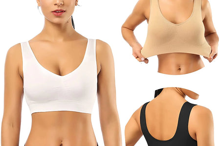 3 Pack Sports Bras for Women,Seamless Comfortable Bras Set with Removable Pads for Sleep,Pull on Closure plus Size,Black+White+Nude,Xxl