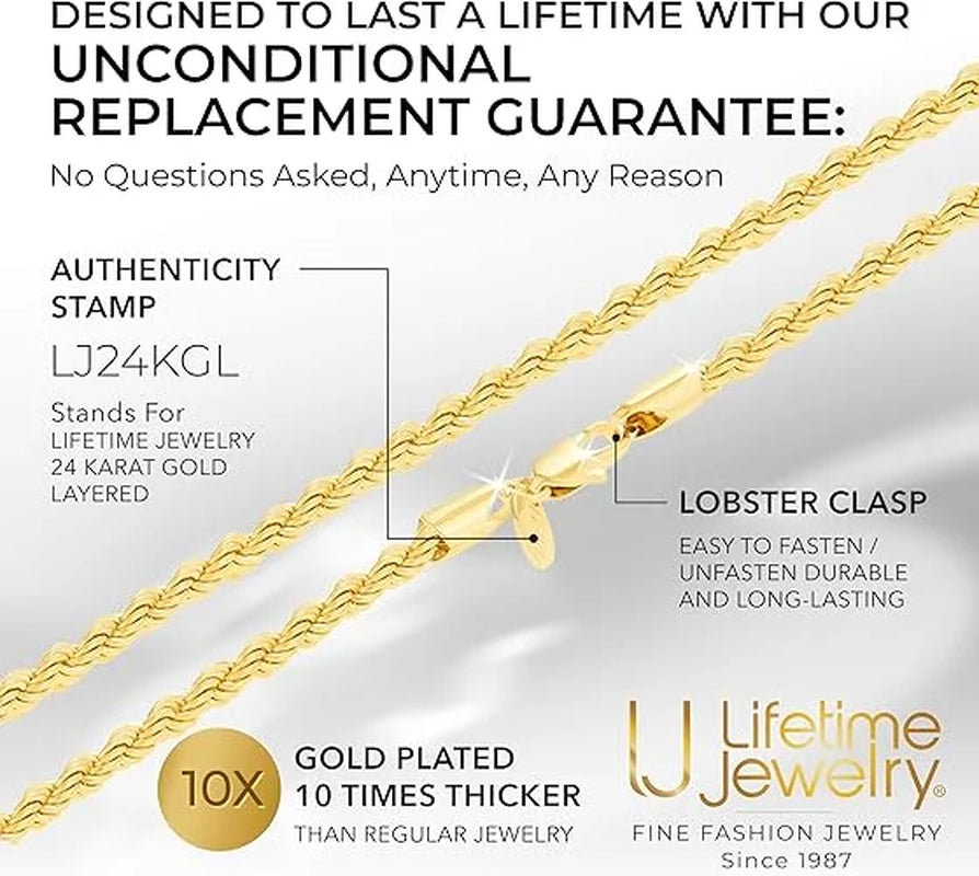 LIFETIME JEWELRY 5Mm Rope Chain Necklace 24K Real Gold Plated- Women and Men (36 Inches)
