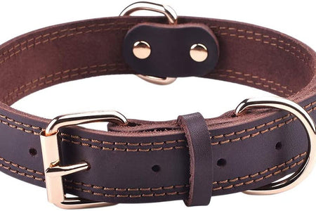 Leather Dog Collar, Genuine Heavy Duty Wide Dog Collar for Small,Medium,Large and Extra Large Dog (S: 0.8" Wide for 13.4"-15.8" Neck, Dual Stitch - Brown)