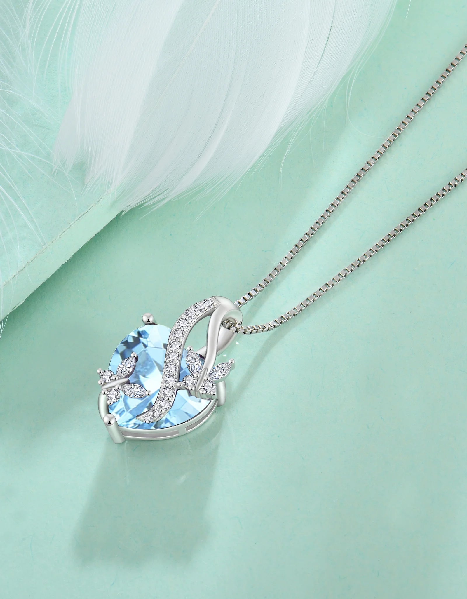Infinite Heart Pendant Sterling Silver Butterfly Necklace for Women Jewelry Gift with Birthstone March Created Aquamarine